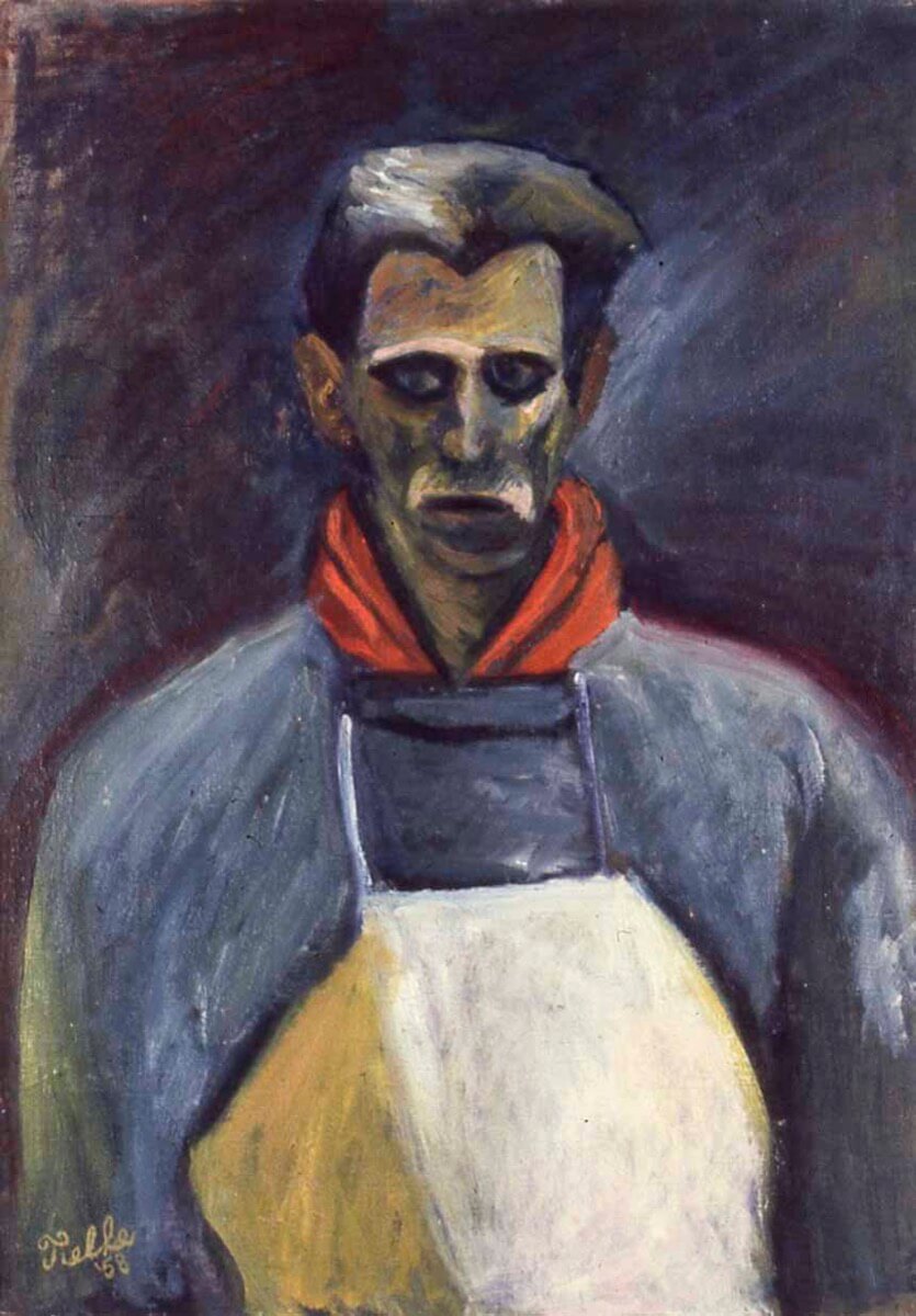 Self portrait with apron and red scarf